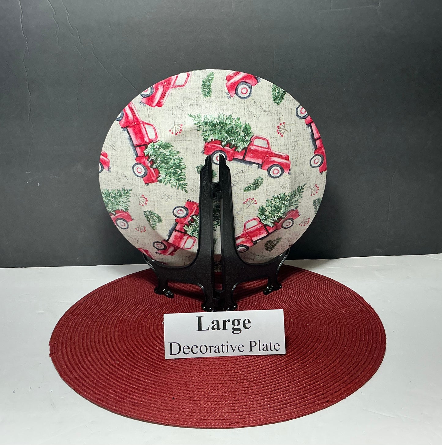 Large Holiday Christmas Truck Decorative Plate + Black Display Stand