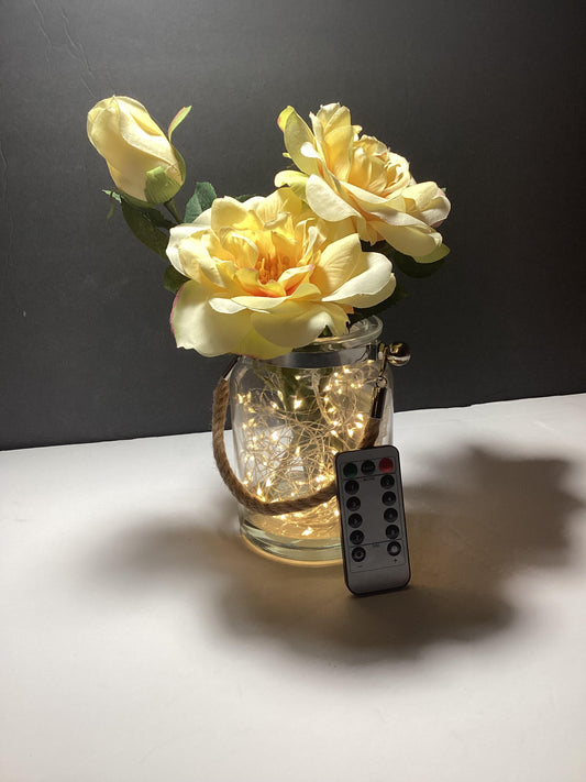 Medium Fairy light Mason Jar with Flowers and a Remote