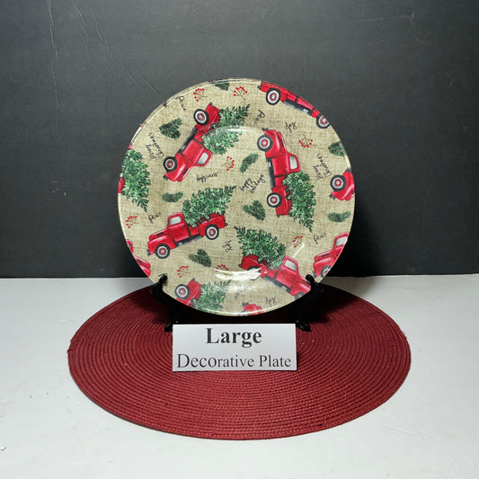 Large Holiday Christmas Truck Decorative Plate + Black Display Stand