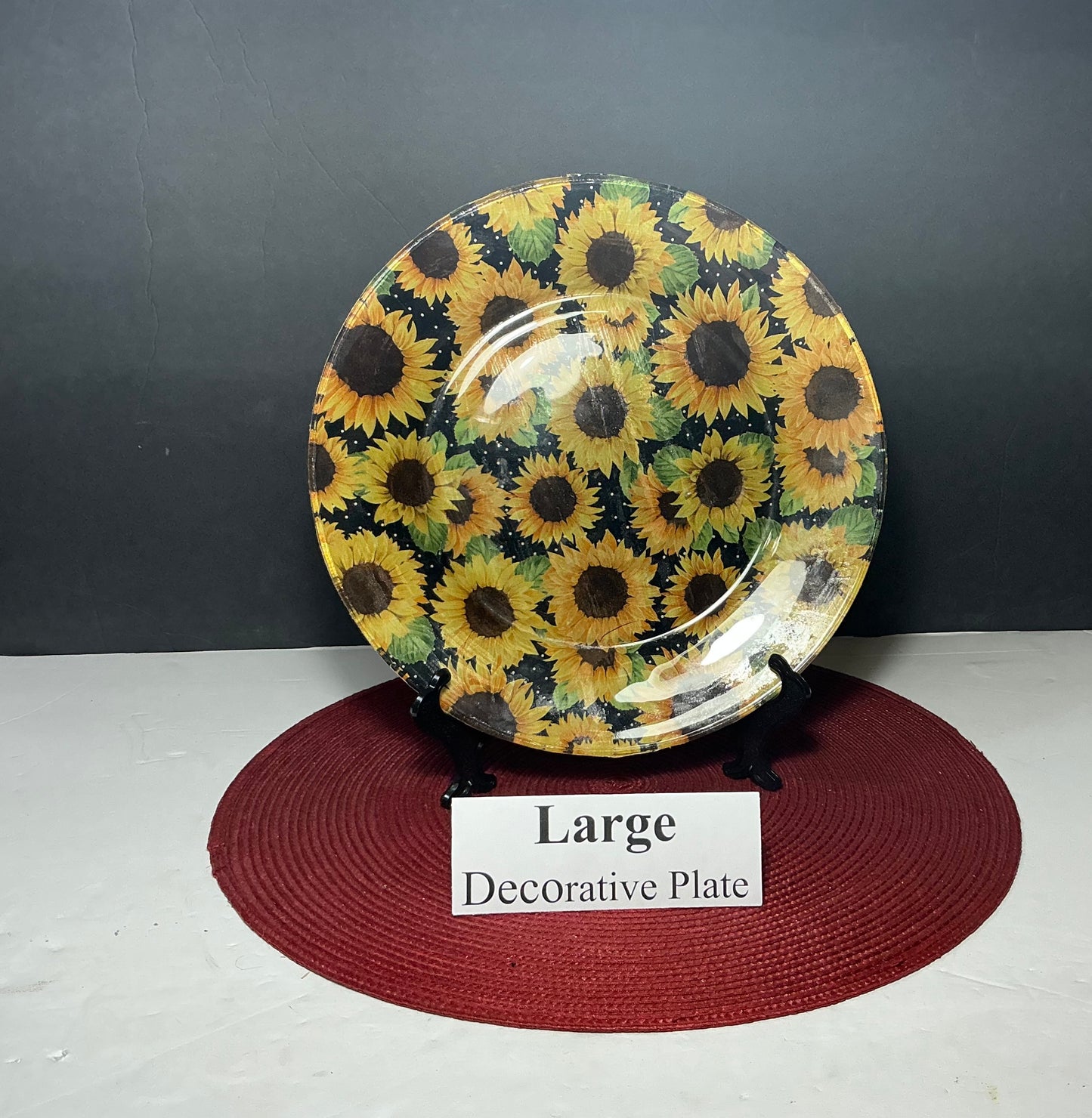 Large Sunflower Decorative Plate + Black Display Stand