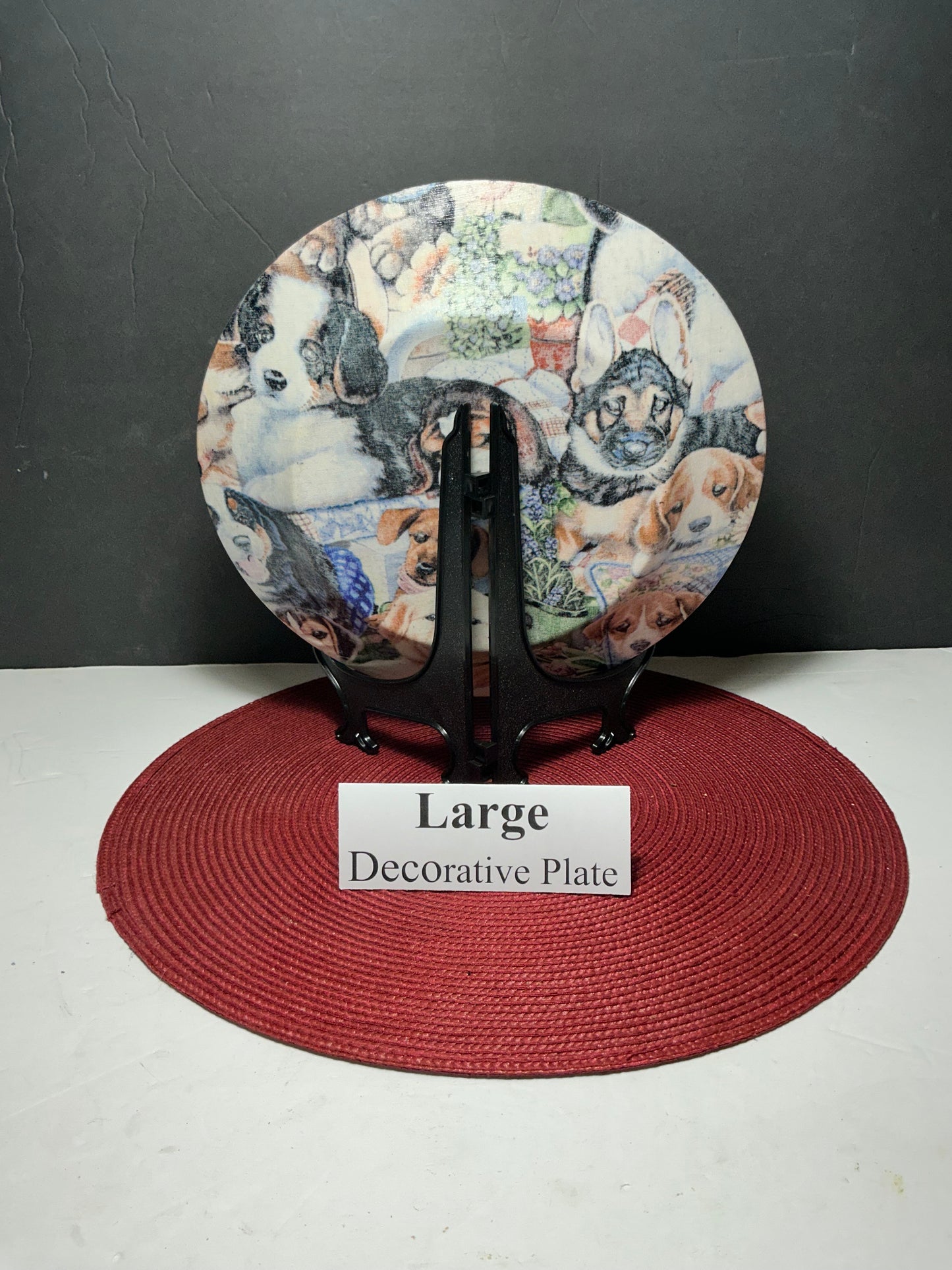 Large Puppy Decorative Plate + Black Display Stand