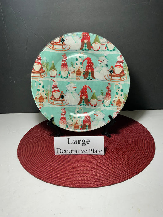 Large Santa & Snowman Decorative Plate + Black Display Stand