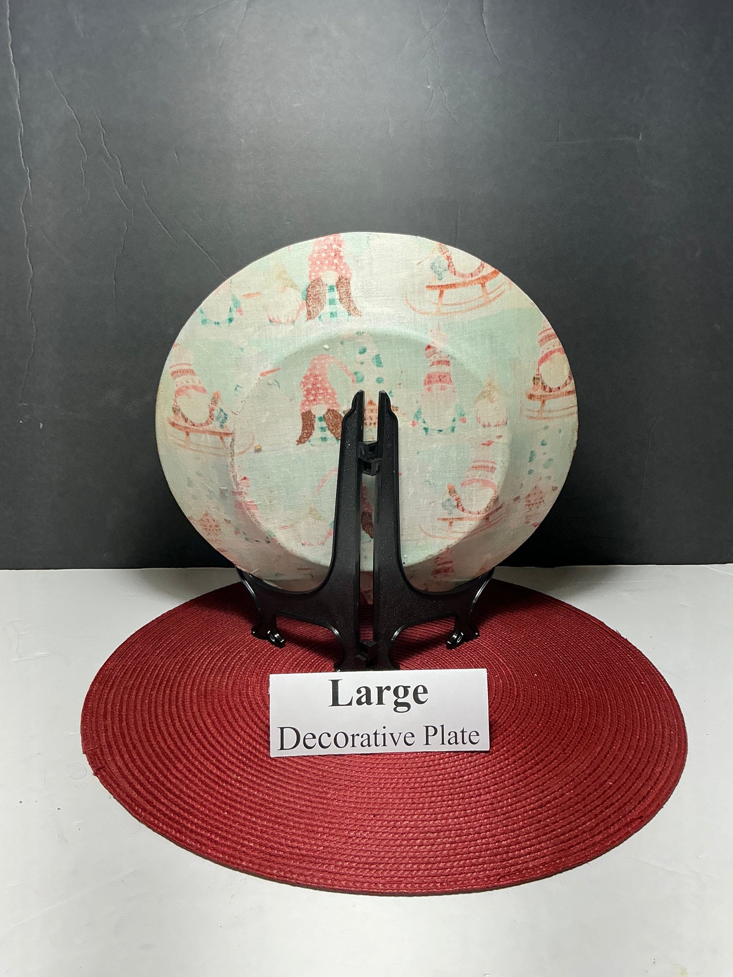 Large Santa & Snowman Decorative Plate + Black Display Stand